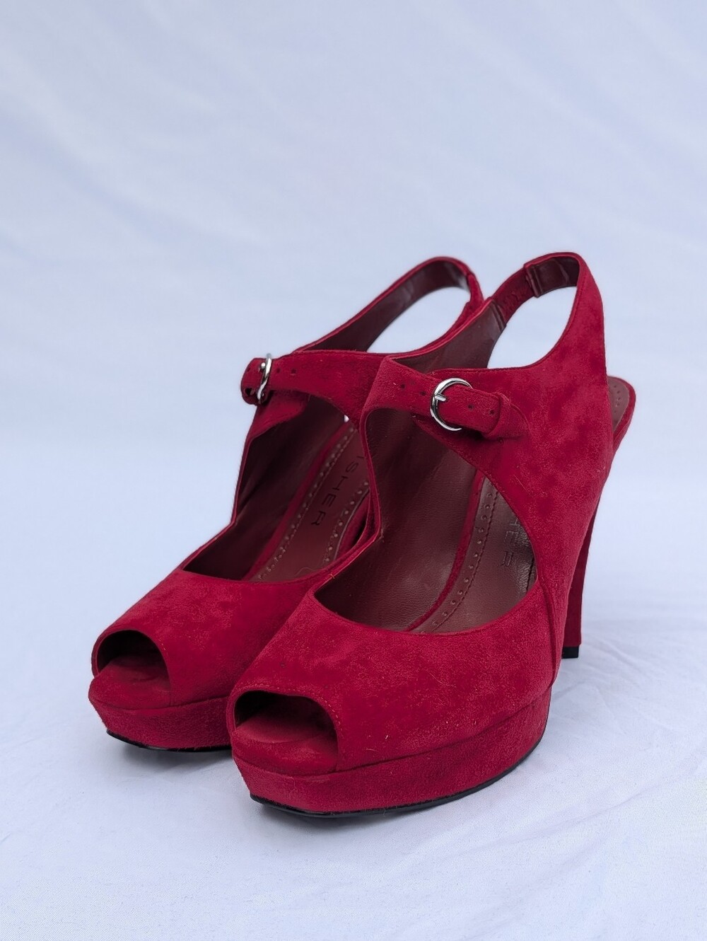 Marc Fisher Red Suede Peep Toe Platform Heels